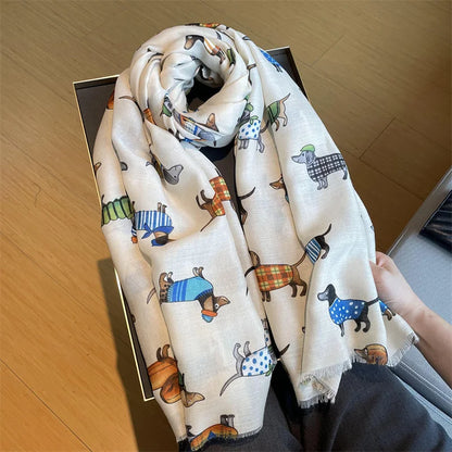 Cartoon Dachshund Dog Pattern Fringe Viscose Scarf Poodle Print Soft Voile Shawls and Wraps Pashmina Muslim Hijab Sjaal 180*90Cm