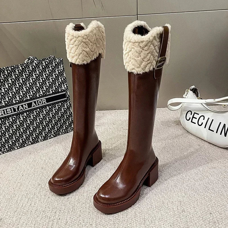 Winter Knee High Brown Long Boots Comfort Square Heel Zip Belt Buckle Platform Boots for Women  Plush Edge Warm Gothic Shoes