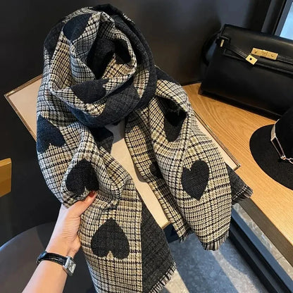 New Double Side Imitation Cashmere Scarf Winter Women's Love Heart Plaid Ladies Long Thickened Warm Knitted Scarf Hijab Stole