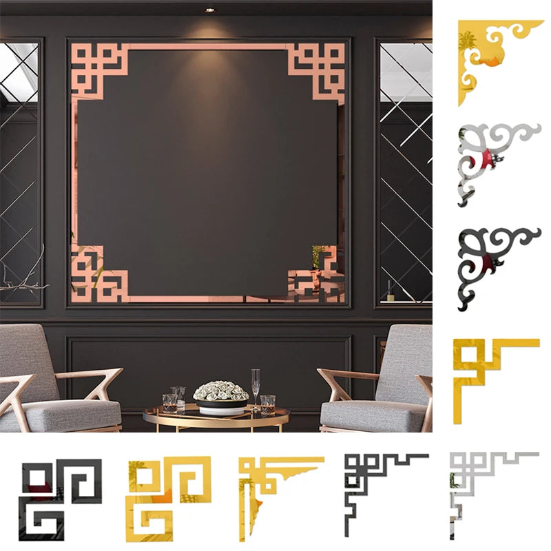 4PCS Furniture Decoration Mirror Sticker 3D Wallsticker Acrylic Self-adhesive Mirror Gold Sliver Sticker Cabinet Corner Sticker