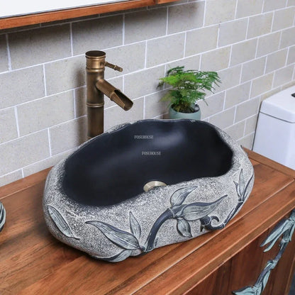 Chinese Imitation Stone Resin Bathroom Sinks Creative Household Bathroom Washing Basin Modern Countertop Basin Carving Basin L