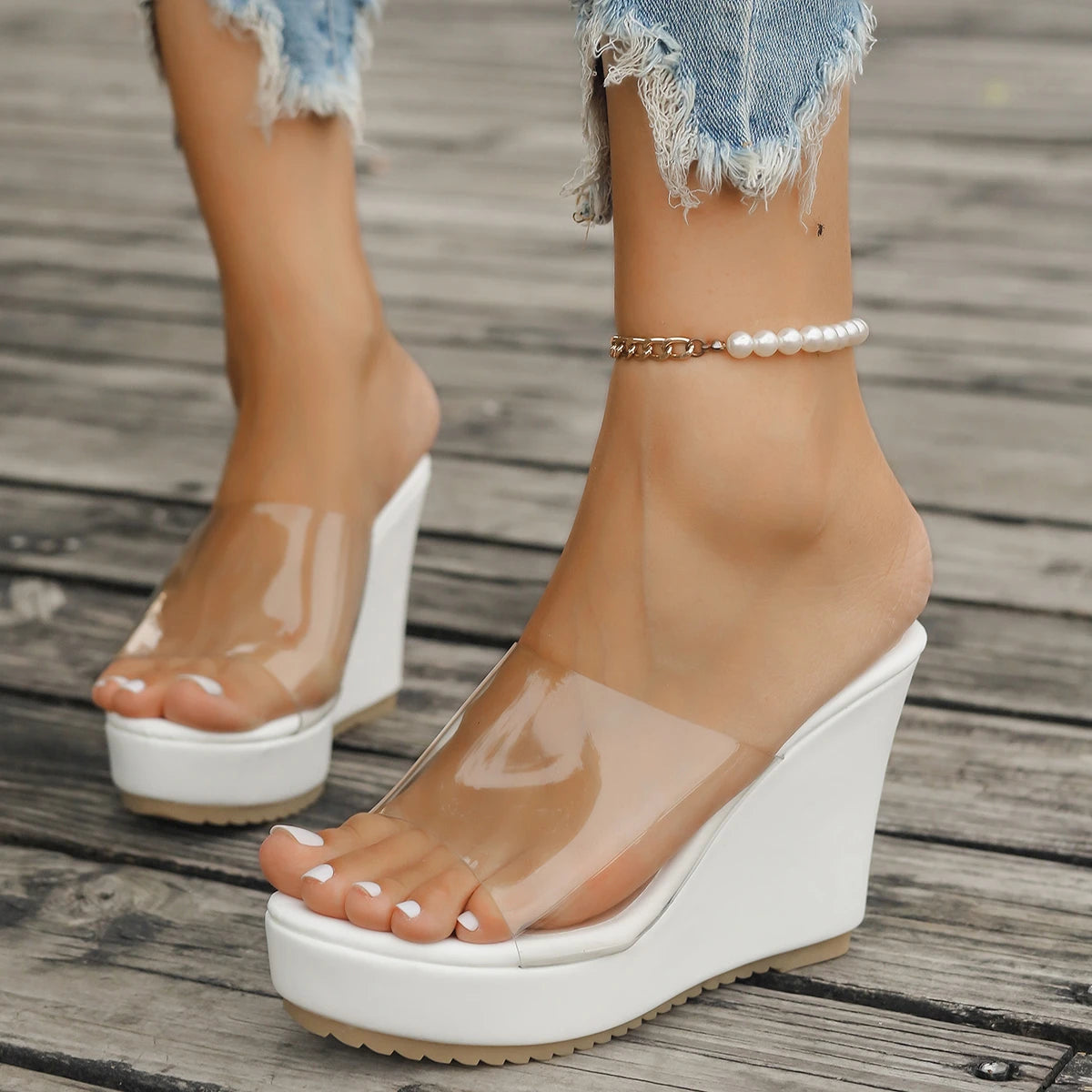 2024 Women Sandals New Casual Heels Woman Transparent Platform Wedges Non-slip Shoes Ladies Summer High Heel Large Size 35~43