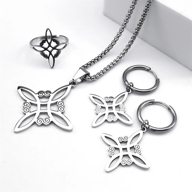 Stainless Steel Jewelry Set Witchcraft Witch Celtic Irish Knot Pendant Necklace Fashion Earring Bracelet Ring nudo de bruja