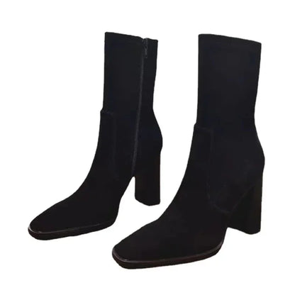 Ladies Shoes 2024 Hot Sale Side Zipper Women's Boots Winter Square Toe Solid Short Barrel Chunky Heel Fashion Boots Zapatos