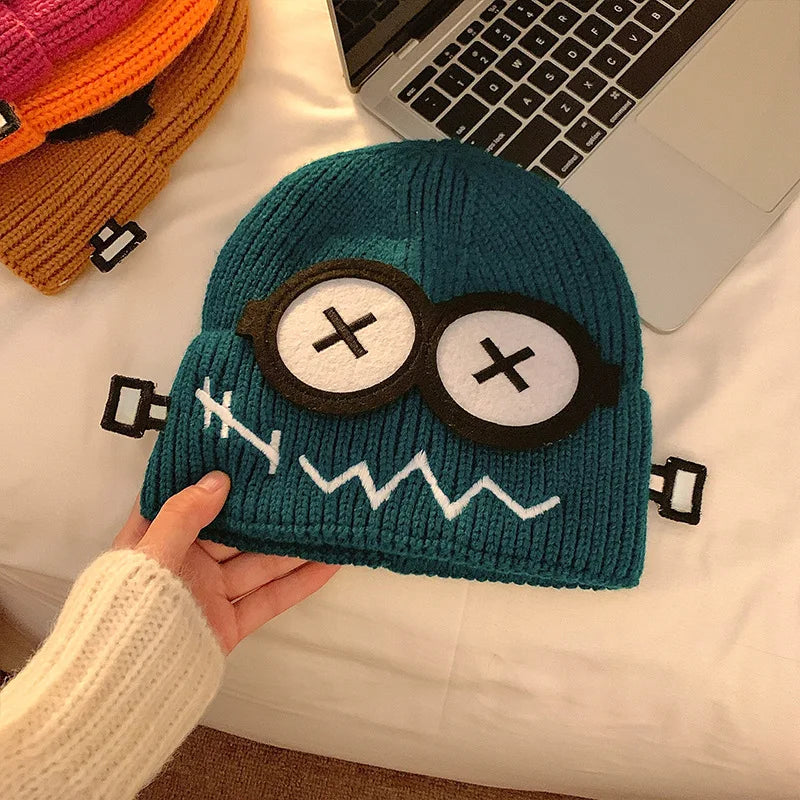 Kpop Cute Cartoon Cuff Beanie Cap Women's Candy Color Big Eyes Smile Skullies Hat Fashion Streetwear Student Warm Winter Knitted