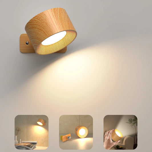 Wooden LED Wall Sconce, 360° Rotatable Dimmable ，Magnetic Touch Control， Rechargeable Battery Operated Magnetic Night Light