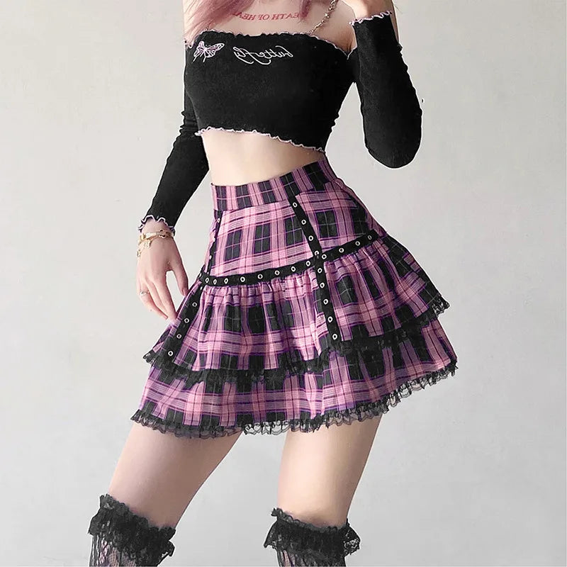 FICHOR Mall Goth Gothic Lace Ruffle Mini Skirts Womens Harajuku Fairy Grunge Pink Plaid Pleated Skirt Japanese Lolita Streetwear