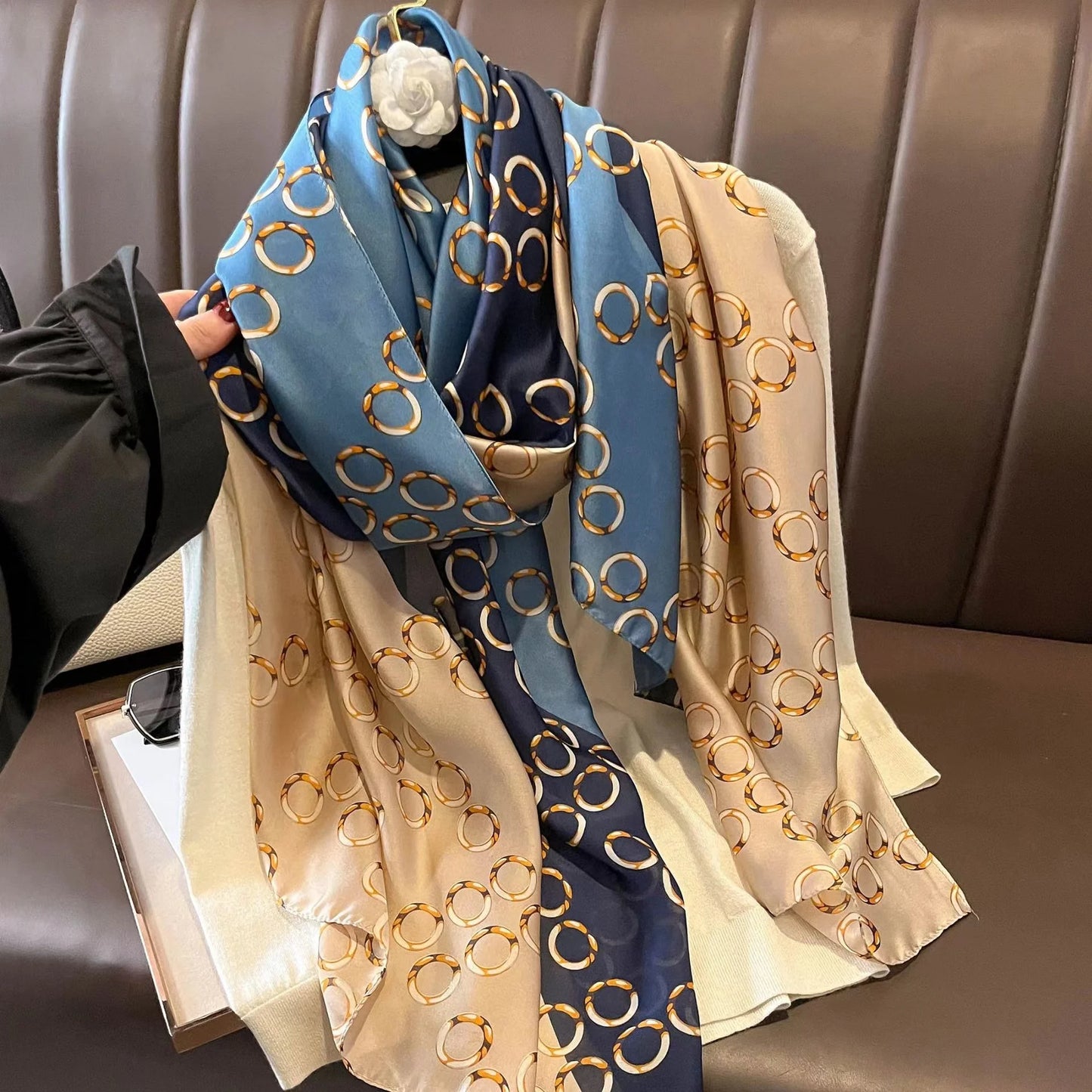 Women Fashion Print Silk Scarf Luxury Brand Warm 180X90CM Scarves Popular Lrage Satin Finish Shawl The Four Seasons Design Hijab