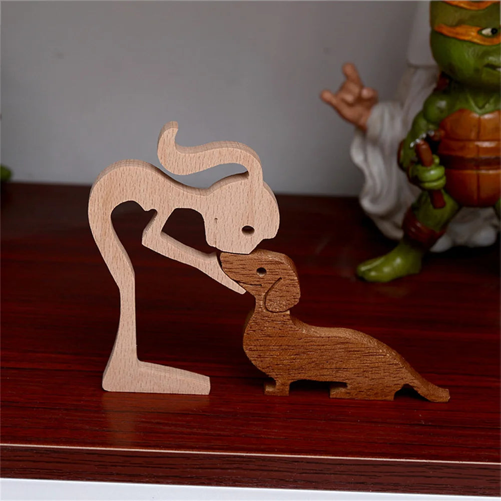 Family Puppy Wood Dog Craft Figurine Desktop Table Ornament Carving Model Home Office Decoration Pet Sculpture Christmas Gift