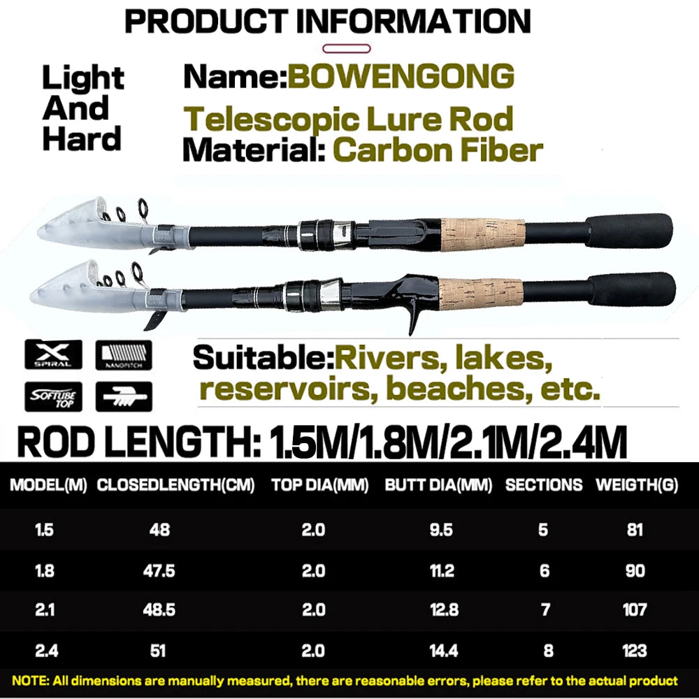 Telescopic Lure Rod 1.5M 1.8M 2.1M 2.4M Carbon Spinning Rod Baitcasting Fishing Pole 8g-25g Wooden Handle Casting Fishing Tackle