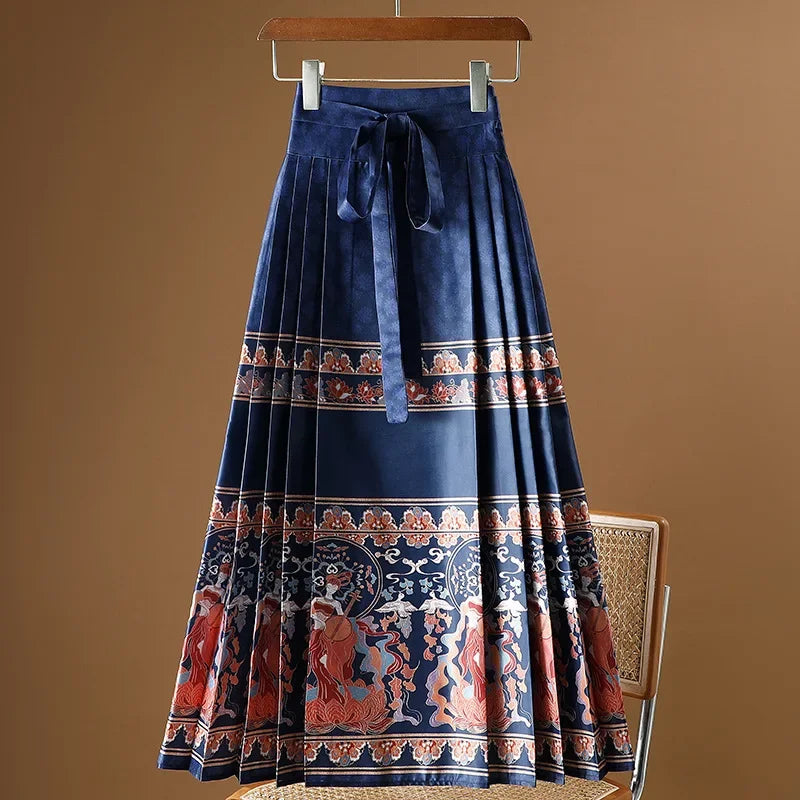 Maxi Chinese Style Horse Face Skirts Women Hanfu Vintage Harajuku Saia Casual Long Print Pleated Skirt Woman Clothing Faldas