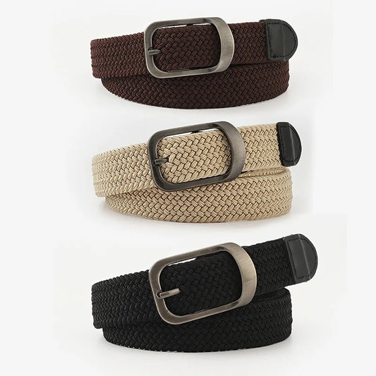 Unisex Eyeless Needle Metal Alloy Rectangle Buckle Woven Women's Belts Elastic Canvas Waistband Casual Pants Jeans Belt for Men