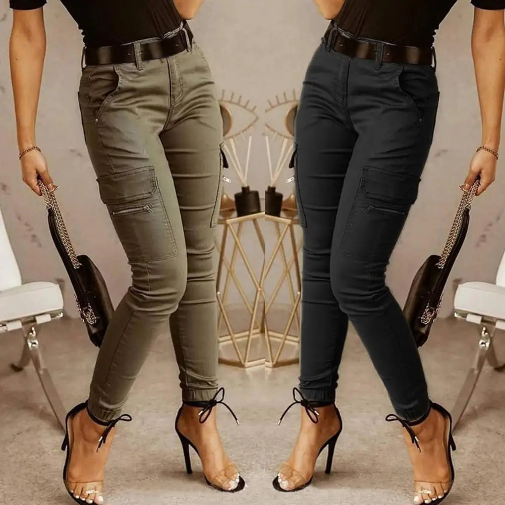 Casual Office Lady Trousers Lady Cargo Pants Low Waist Solid Color Ankle Tied Pants  Slim