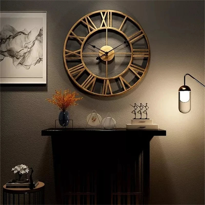 Modern 3D Large Wall Clocks Roman Numerals Retro Round Metal Iron Accurate Silent Nordic Hanging Ornament Living Room Decoration