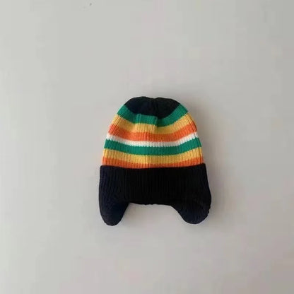 Winter Baby Knit Hat Korean Striped Rainbow Kids Beanie 1-4Year Boy Girl Warm Ear Protection Cap Colorful Children Earmuffs Caps