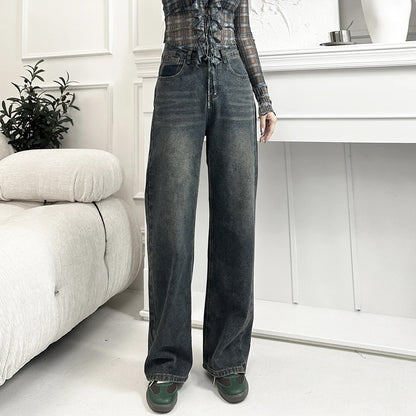 Fleece-lined Straight Denim Pants For Female Autumn Winter Pear Shaped High Waist Loose Slim Fit Wide Legged Jeans For Women