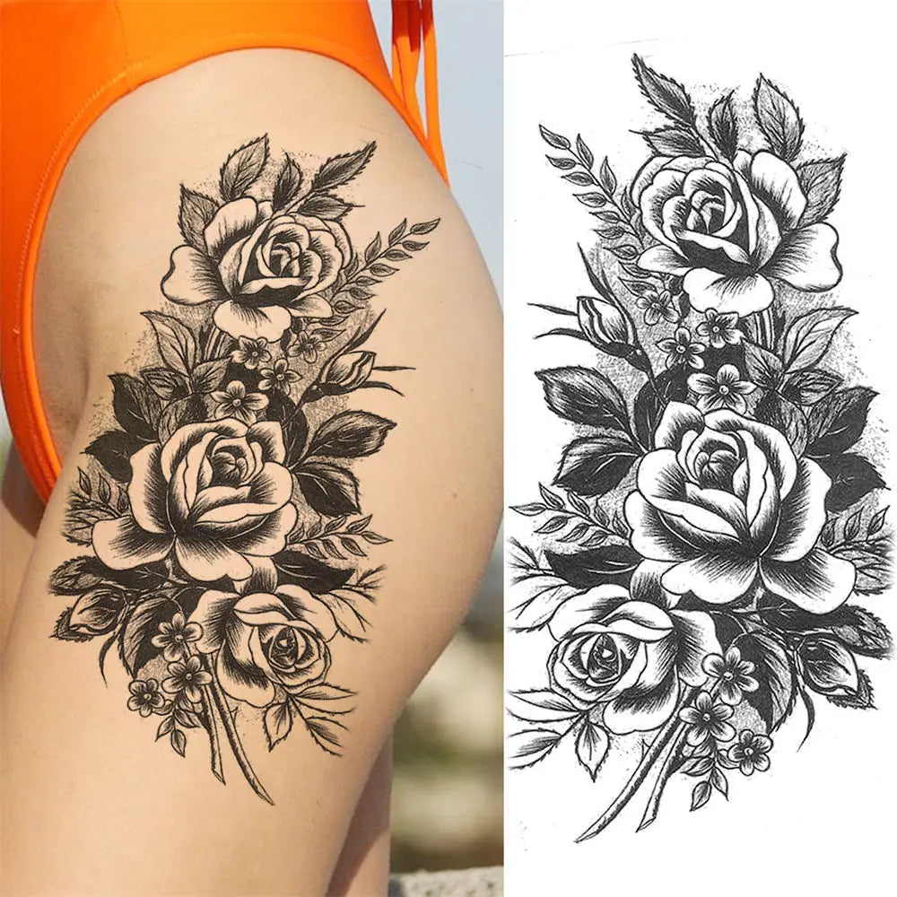 10 hojas de tatuajes temporales de flores para mujeres, tatuajes falsos para brazos y piernas, calcomanías realistas de rosas negras, peonías, serpientes, tatuajes sexys, arte corporal