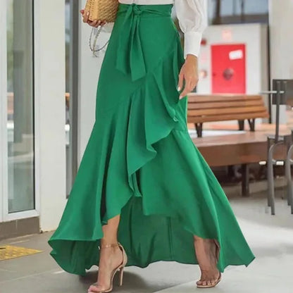 Spring Autumn Women Long Skirt High Waist Lace-up Ruffle Trim Plaid Print Bow Tie Irregular Hem Maxi Skirt Female 2024 New