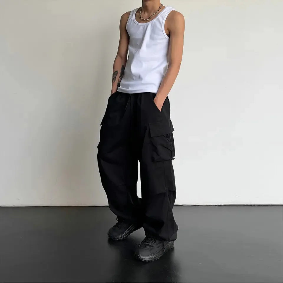 American Style Casual Pants Cargo Trousers High Street Drawstring Workwear Trendy Loose Versatile Straight Wide-Leg Casual Pants