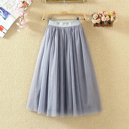 Vintage Tulle Skirt Women Streetwear Elastic High Waist Mesh Pleated Skirts Summer Elegant Korean A Line Office Ladies Skirt New