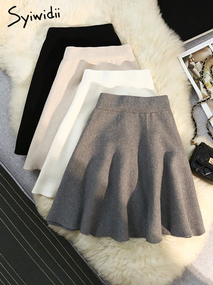 Syiwidii Skirts for Women Knitted Ruffled Vintage Solid Casual Elastic Waist Skirts 2024 Elegant Female A-Line High Waist Skirts