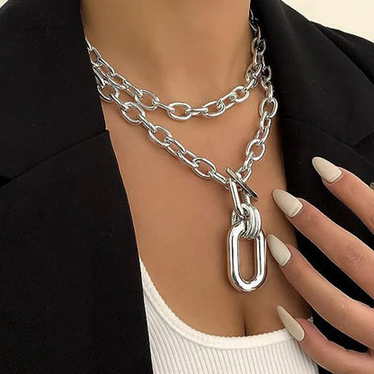 Ins Metal Thick Chains Big Elliptical Pendant Necklace for Women Trendy Charms Ladies Collar On Neck Accessories Fashion Jewelry