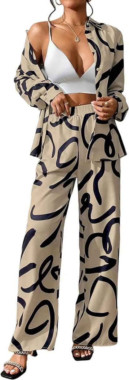 Spring Autumn Fashion Print 2 Piece Sets Women Loose Casual Pants Sets Female Long Sleeve Shirt Wide Leg Pants Two Piece Sets