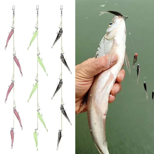 5pcs Fishing Bait Cluster Lure Soft Bait 3D Eyes Head Tail Wobbler Simulation Fishing Bait Sea Bass Fishing Accessories