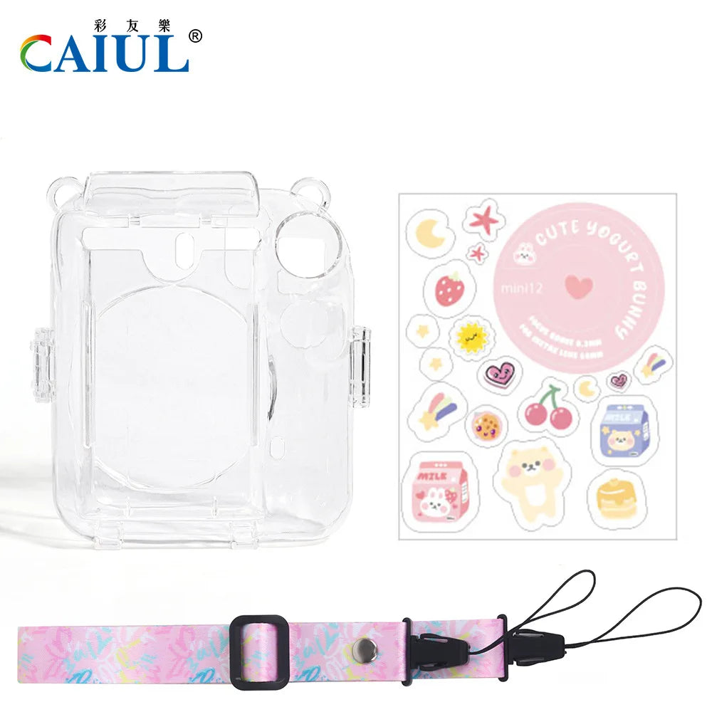 For Fujifilm Instax Mini 12 PC Transparent Camera Case Protection Cover Shoulder Strap Storage Bag Strap Sticker Three-Piece Set