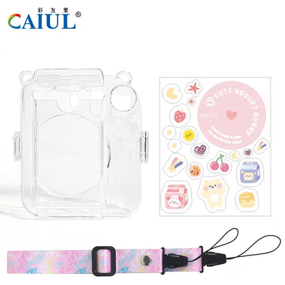 For Fujifilm Instax Mini 12 PC Transparent Camera Case Protection Cover Shoulder Strap Storage Bag Strap Sticker Three-Piece Set