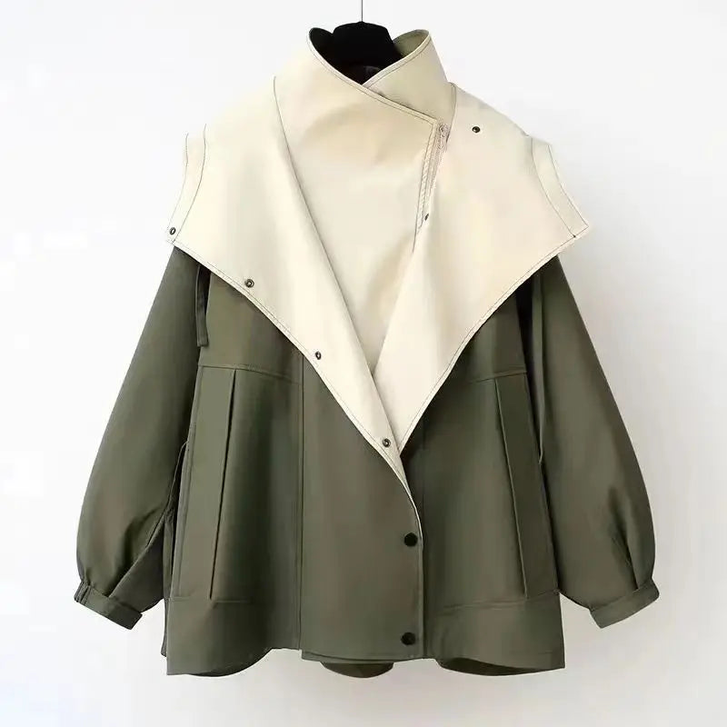 Autumn Chic Women's Windbreaker Contrast Fake Two-Piece Zip Button Wind Coat Belt Hoodie Casual All-Match Trend Outwear Jacket