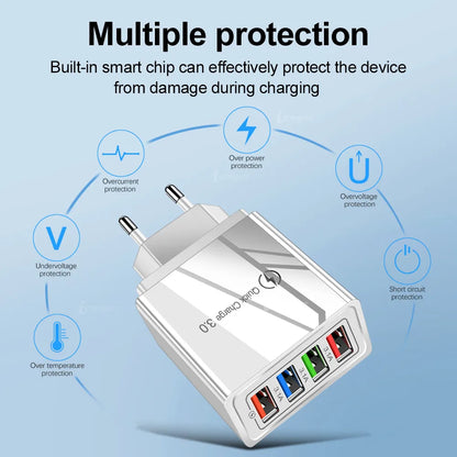 4 Ports USB Charger Quick Charge 3.0 Wall Charger Fast Charging For iPhone 15 14 Samsung Xiaomi EU/US Plug Phone Charger Adapter