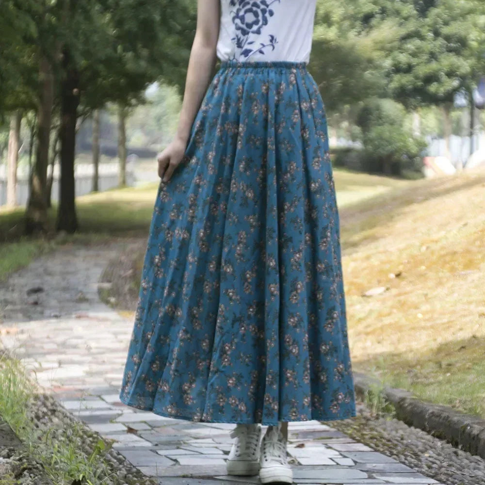 Fashion Summer Cotton Linen Women Skirt Saia Casual Vintage y2k Print Long Skirts Woman Clothes Bohemian Faldas Maxi Bottom Jupe