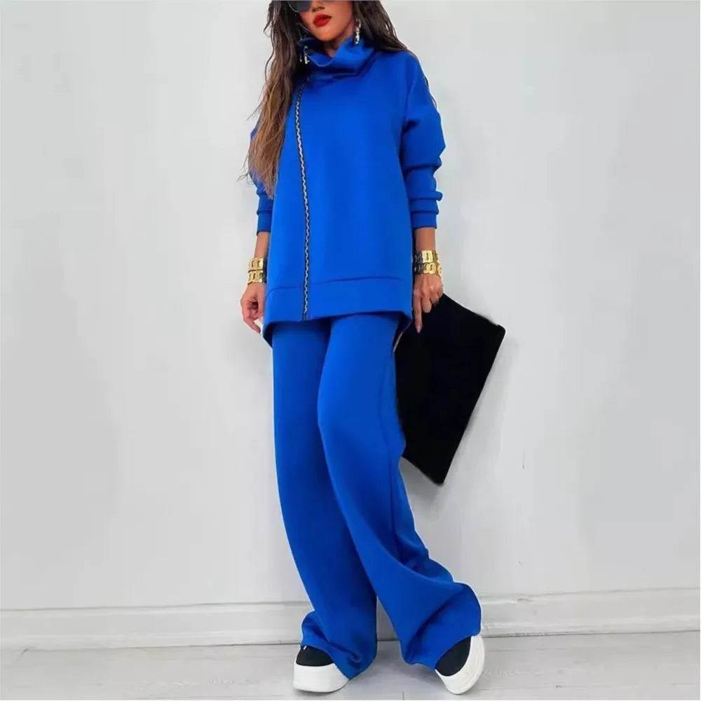 Fashion Zipper Lapel Casual Long Sleeved Hoodie Women's Suit Winter New Loose Wide Leg Pants Female Elegant Office 2 Piece Set