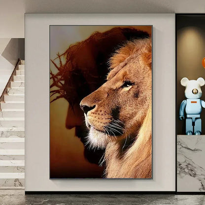 Lion and Jesus Canvas Painting Poster Prints Religion Christianity Wall Art Pictures for Living Room Bedroom Home Decoration