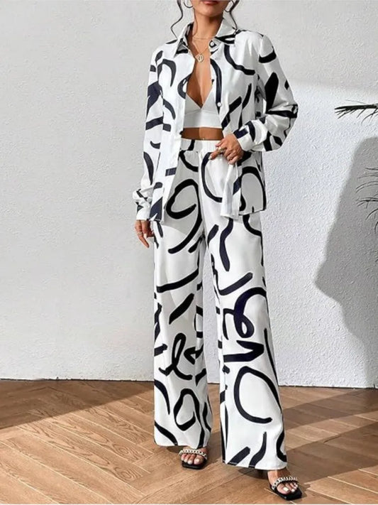 Spring Autumn Fashion Print 2 Piece Sets Women Loose Casual Pants Sets Female Long Sleeve Shirt Wide Leg Pants Two Piece Sets