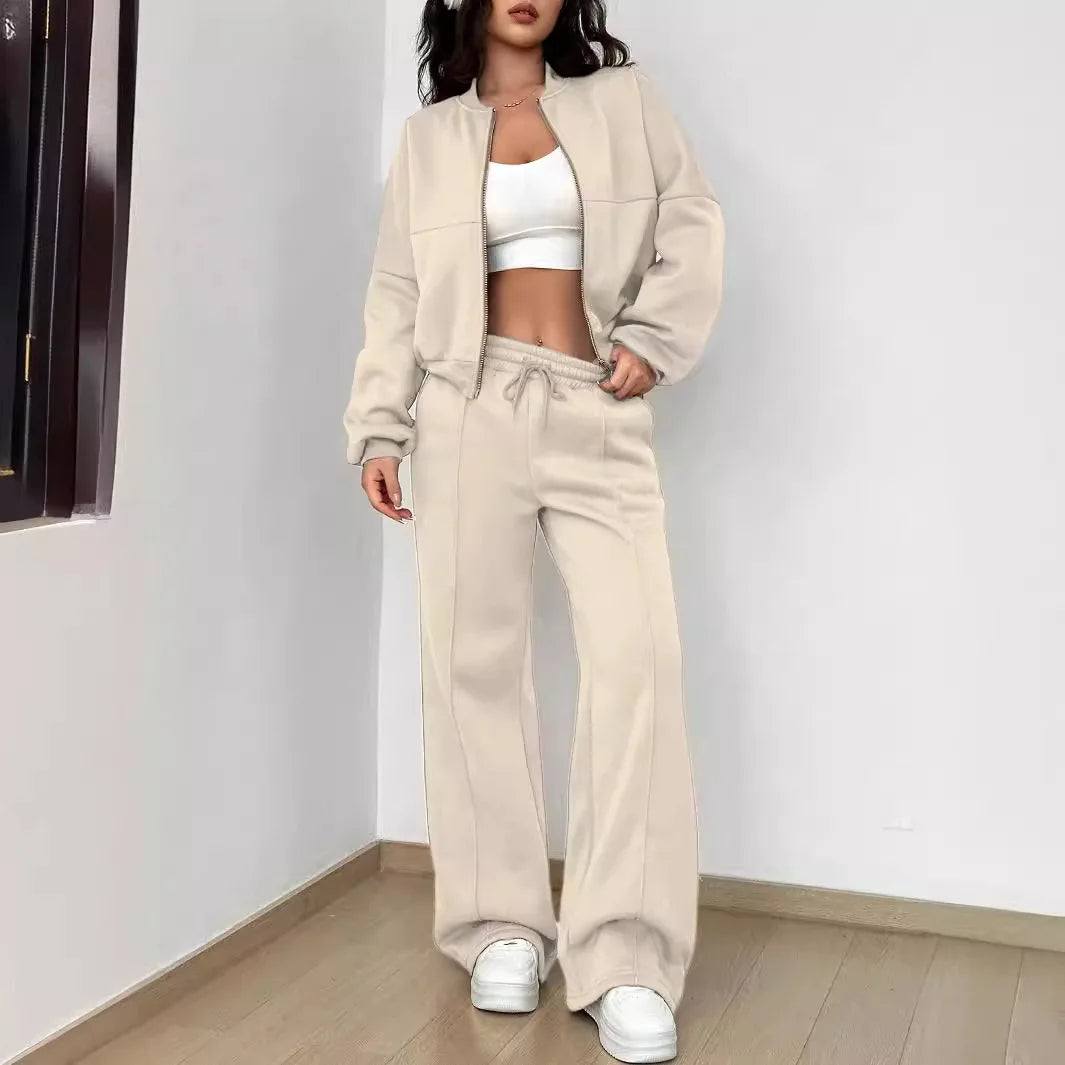 Women's Autumn 2024 Two Piece Set Cardigan Zipper Sweatshirt Jacket With Elastic Waistband And Wide Leg Pants Casual Set Ladies