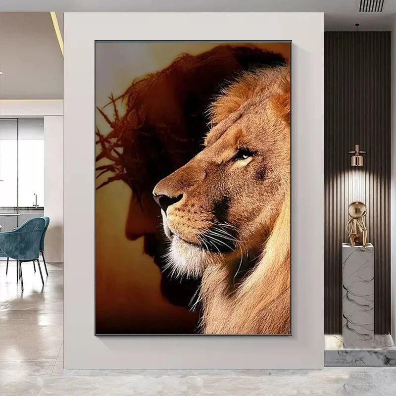 Lion and Jesus Canvas Painting Poster Prints Religion Christianity Wall Art Pictures for Living Room Bedroom Home Decoration