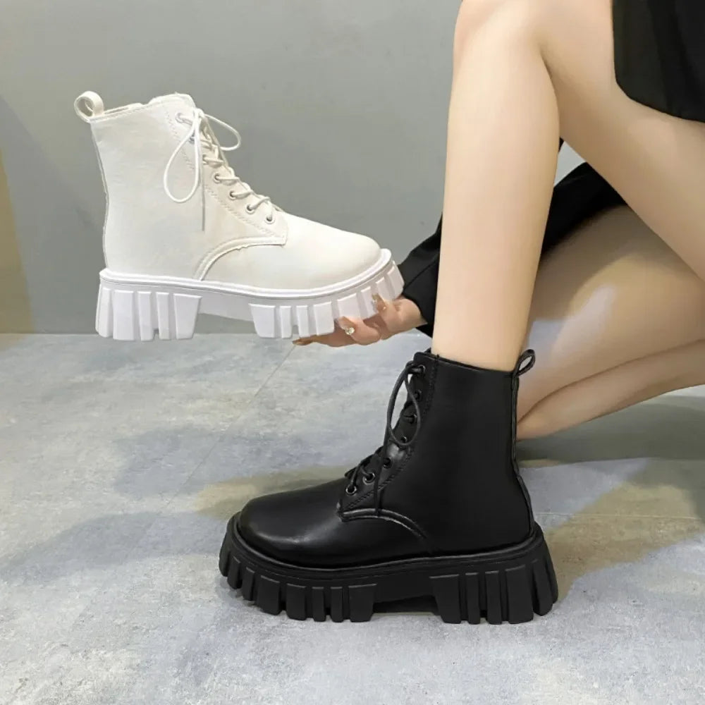 Chunky Platform White Ankle Boots Women Autumn Winter Pu Leather Booties Mujer Punk Thick Bottom Motorcycle Boots size 35-42