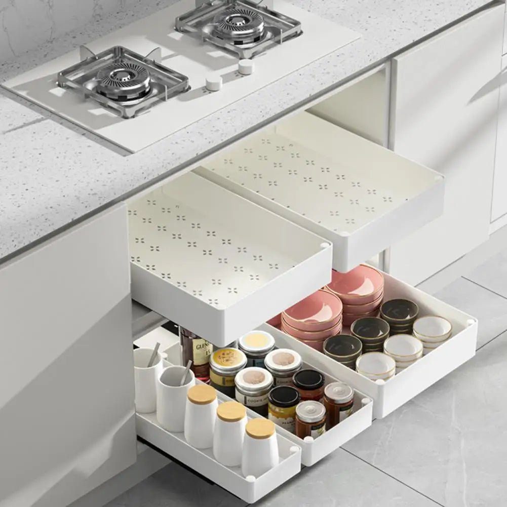 Pull Out Cabinet Organizer Kitchen Expandable Storage Box with Divider Racks Slide Out Drawers for Kitchen Cabinets Spice Shelf