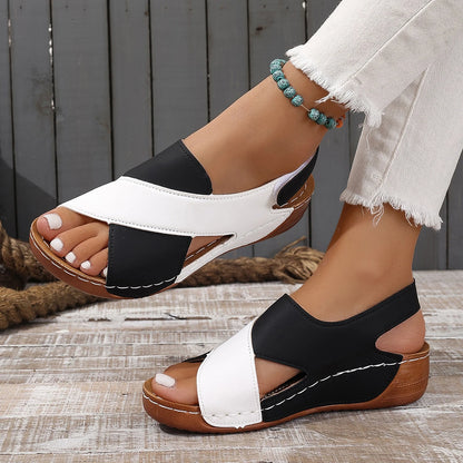 Women's Contrast Color Wedge Sandals Summer Peep Toe Non Slip Beach Shoes Woman Comfortable Platform Roman Sandalias Mujer 2024