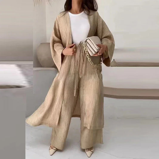 Elegant Female Loose Solid Color Outfits 2023 Women's Autumn Suits Lady Pleated Texture Top+Straight Casual Pants Two-Piece Sets