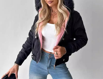 Fashion Coat Women Streetwear 2024 Autumn/Winter Versatile Casual Zipper Thickened Long Sleeves Hooded Short Jacket for Female