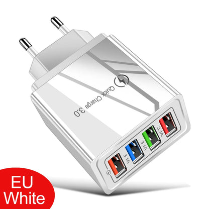 4 Ports USB Charger Quick Charge 3.0 Wall Charger Fast Charging For iPhone 15 14 Samsung Xiaomi EU/US Plug Phone Charger Adapter