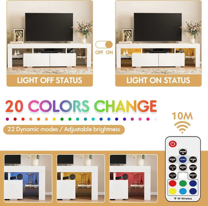 TV Stand with LED Lights, Modern Entertainment Center Media and Open Shelf Console Table Storage Desk with 1 Drawer and Remote