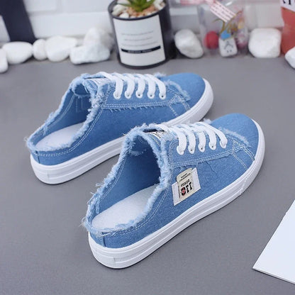 New 2024 Spring Summer Women Canvas Slippers Flat Sneakers Women Casual Pantuflas Shoes Mules White Shoes Lace Up Half Slides