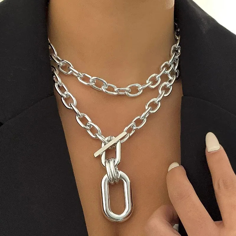 Ins Metal Thick Chains Big Elliptical Pendant Necklace for Women Trendy Charms Ladies Collar On Neck Accessories Fashion Jewelry