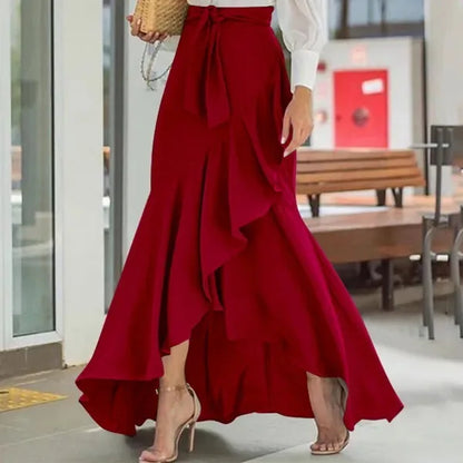 Spring Autumn Women Long Skirt High Waist Lace-up Ruffle Trim Plaid Print Bow Tie Irregular Hem Maxi Skirt Female 2024 New