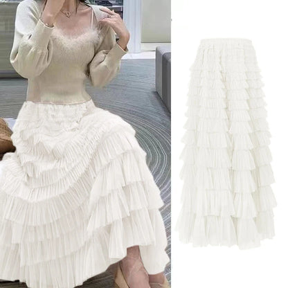 Summer Spring Women’s Multilayer Ruffles Tulle Skirt Pleated High Waist Fluffy Maxi Skirt Fairy Cake Dress Long Tutu Party Skirt