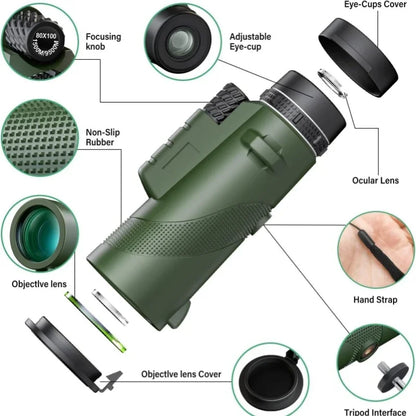 80x100 HD ZOOM Powerful Monocular Telescope Portable Binoculars Long Range Telescope Hunting Camping With Tripod Phone Clip